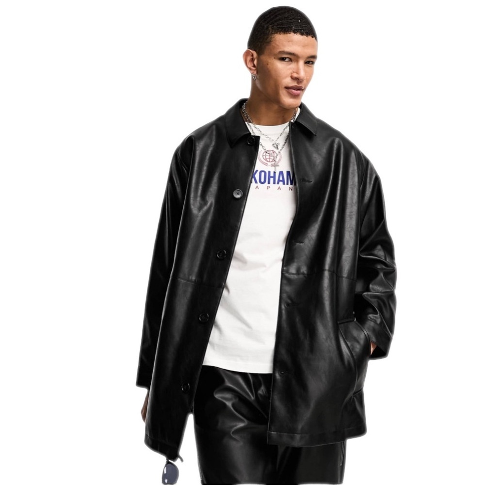 ASOS DESIGN Men’s Faux Leather Belted Trench Coat In Black Size: XL